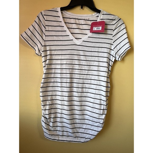 Isabel Maternity Women's White Black Striped Short Sleeve Shirt Large Ruched NWT - Picture 1 of 10